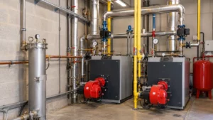 Deux chaudières industrielles au gaz avec brûleurs rouges dans une chaufferie équipée de tuyauteries